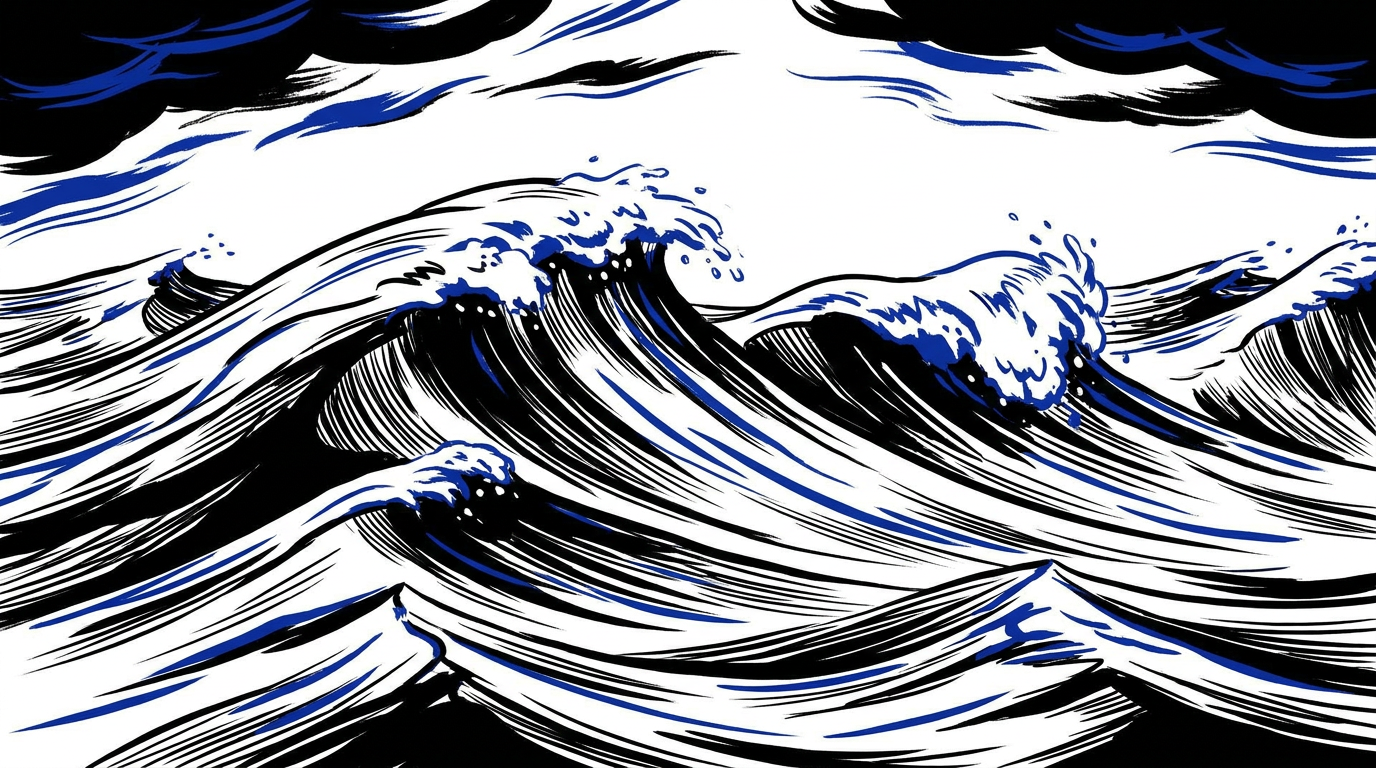 Ink illustration of rolling ocean waves with cobalt blue accents