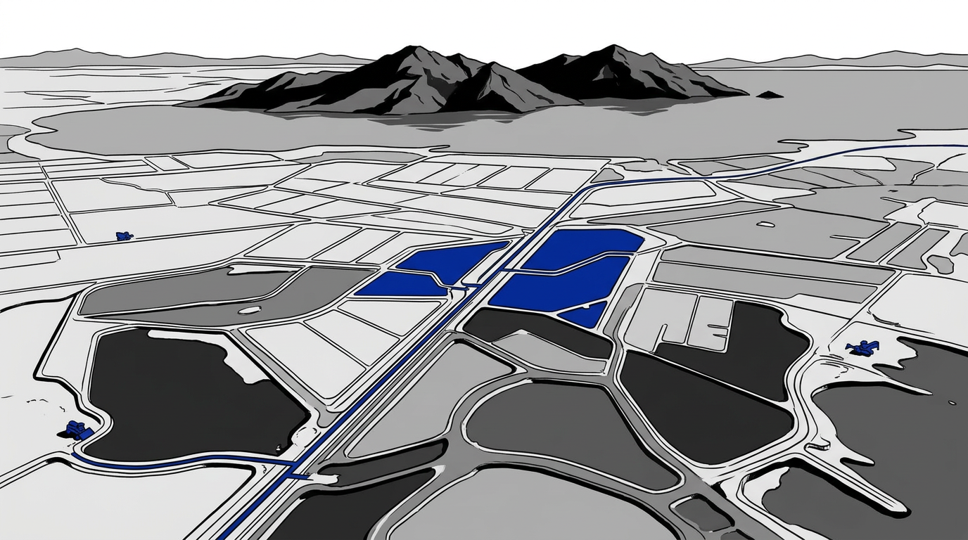 Line illustration of the Great Salt Lake basin with evaporation ponds highlighted in cobalt blue and mountains on the horizon