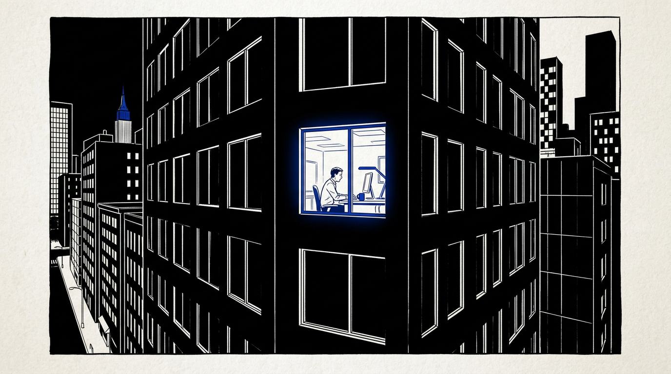 Ink illustration of a single lit office window glowing cobalt blue in a dark city building at night